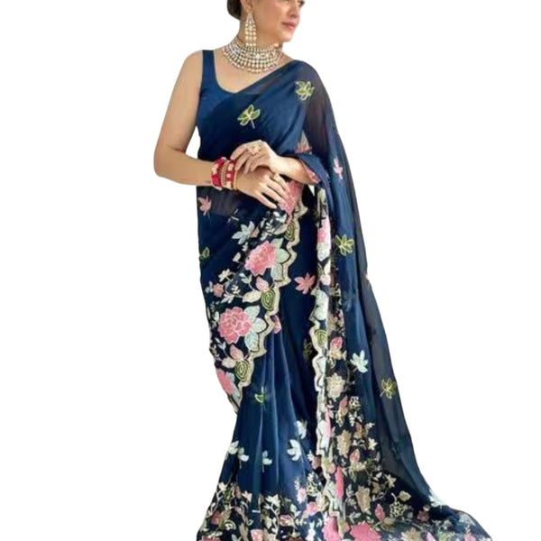 Vamika Embroidery Rama Green Georgette Bollywood Saree - Distacart