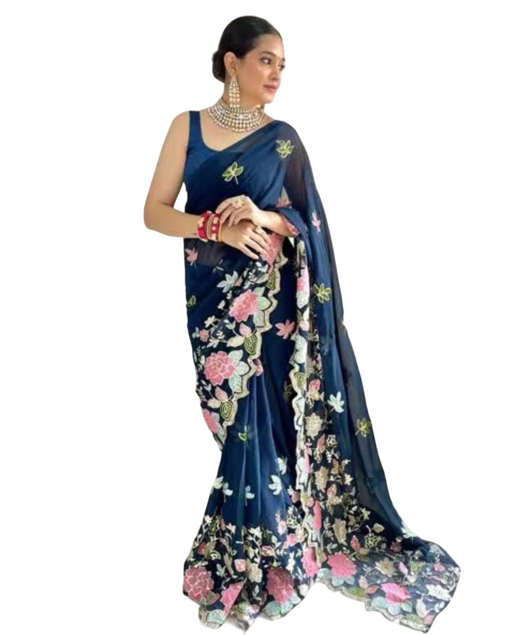 Vamika Embroidery Rama Green Georgette Bollywood Saree - Distacart