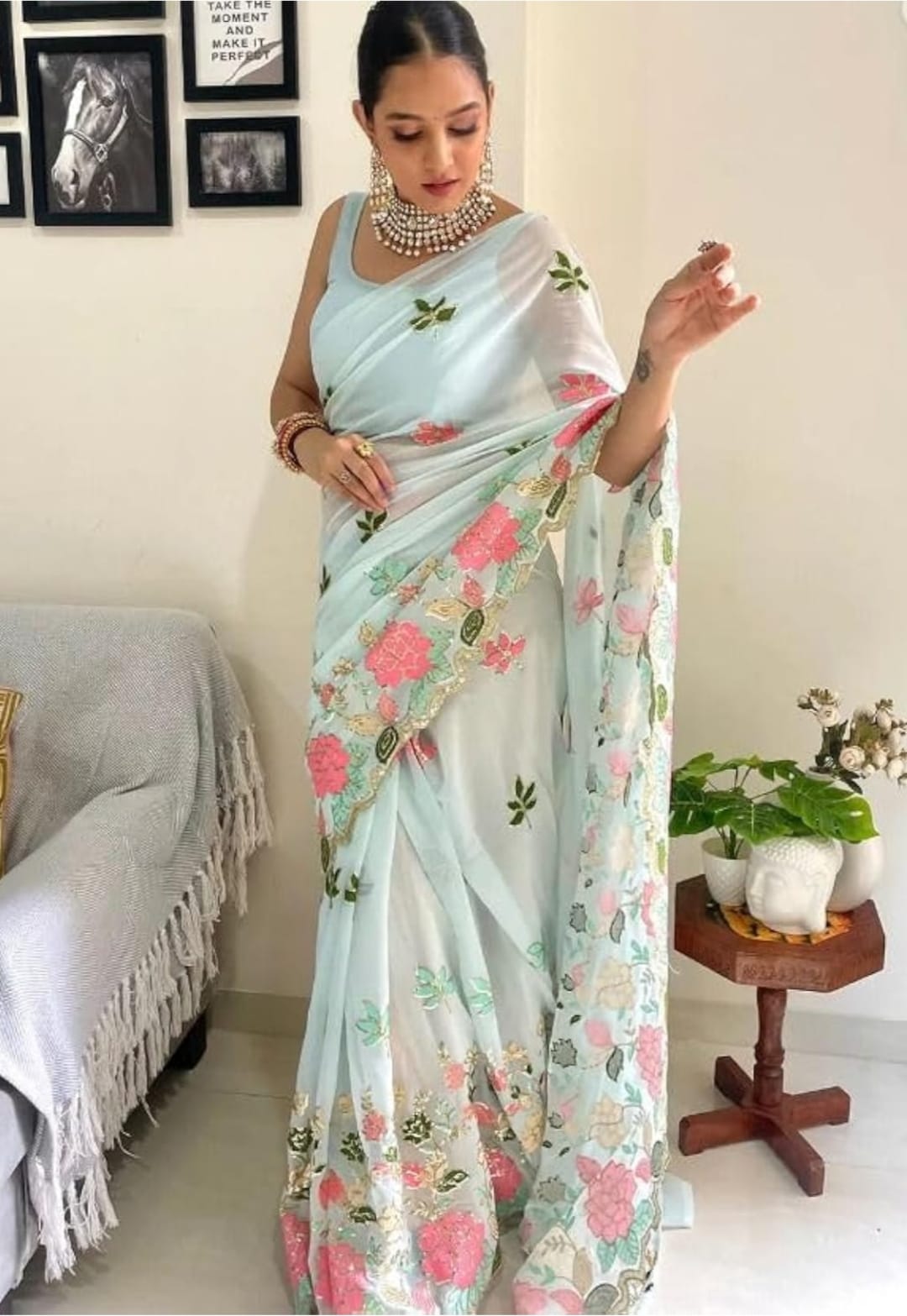 Vamika Embroidery Sky Blue Georgette Bollywood Saree - Distacart