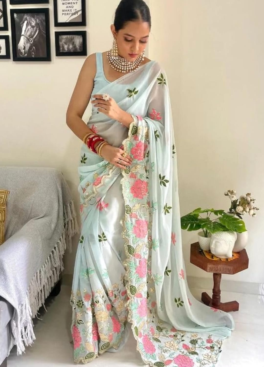 Vamika Embroidery Sky Blue Georgette Bollywood Saree - Distacart