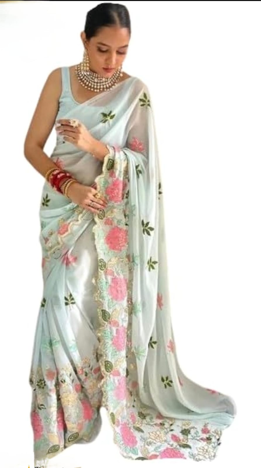 Vamika Embroidery Sky Blue Georgette Bollywood Saree - Distacart