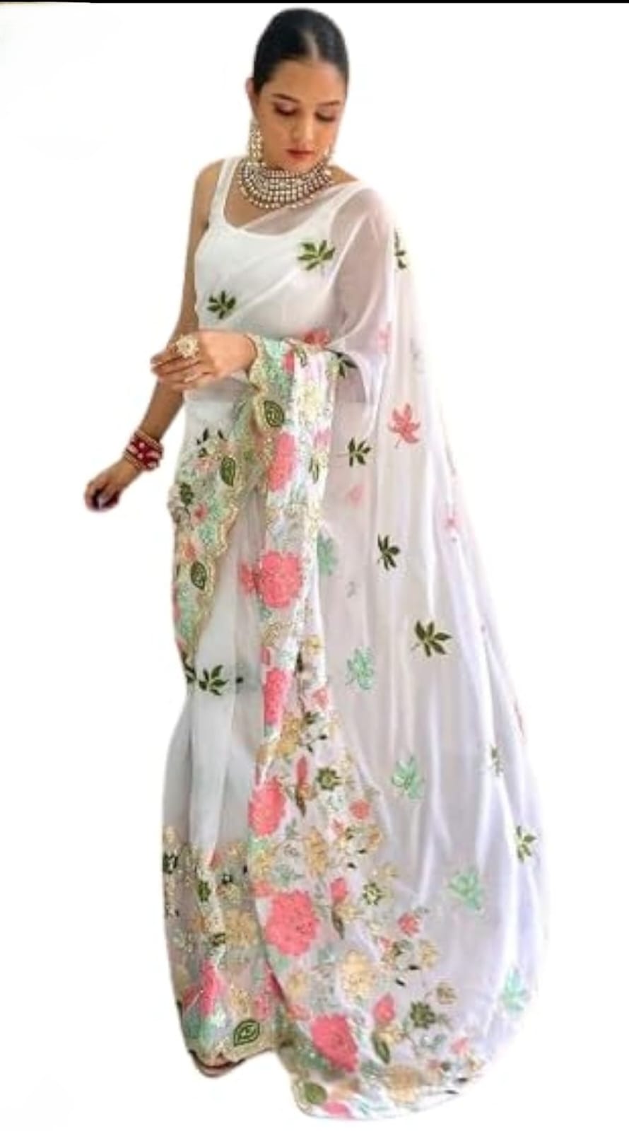 Vamika Embroidery White Georgette Bollywood Saree - Distacart