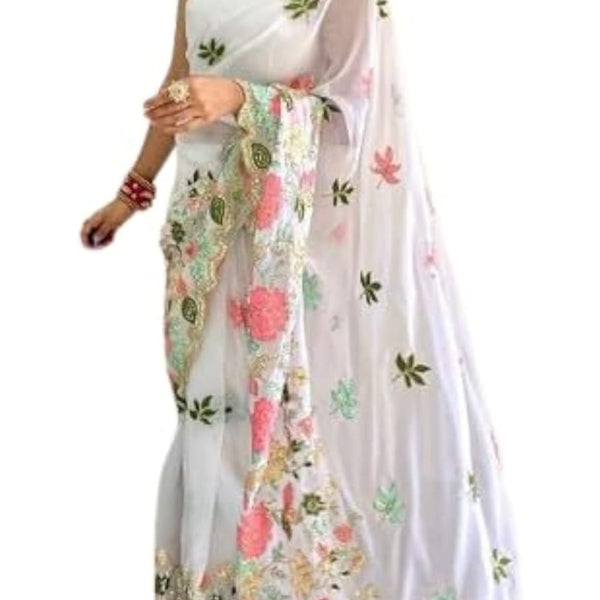 Vamika Embroidery White Georgette Bollywood Saree - Distacart