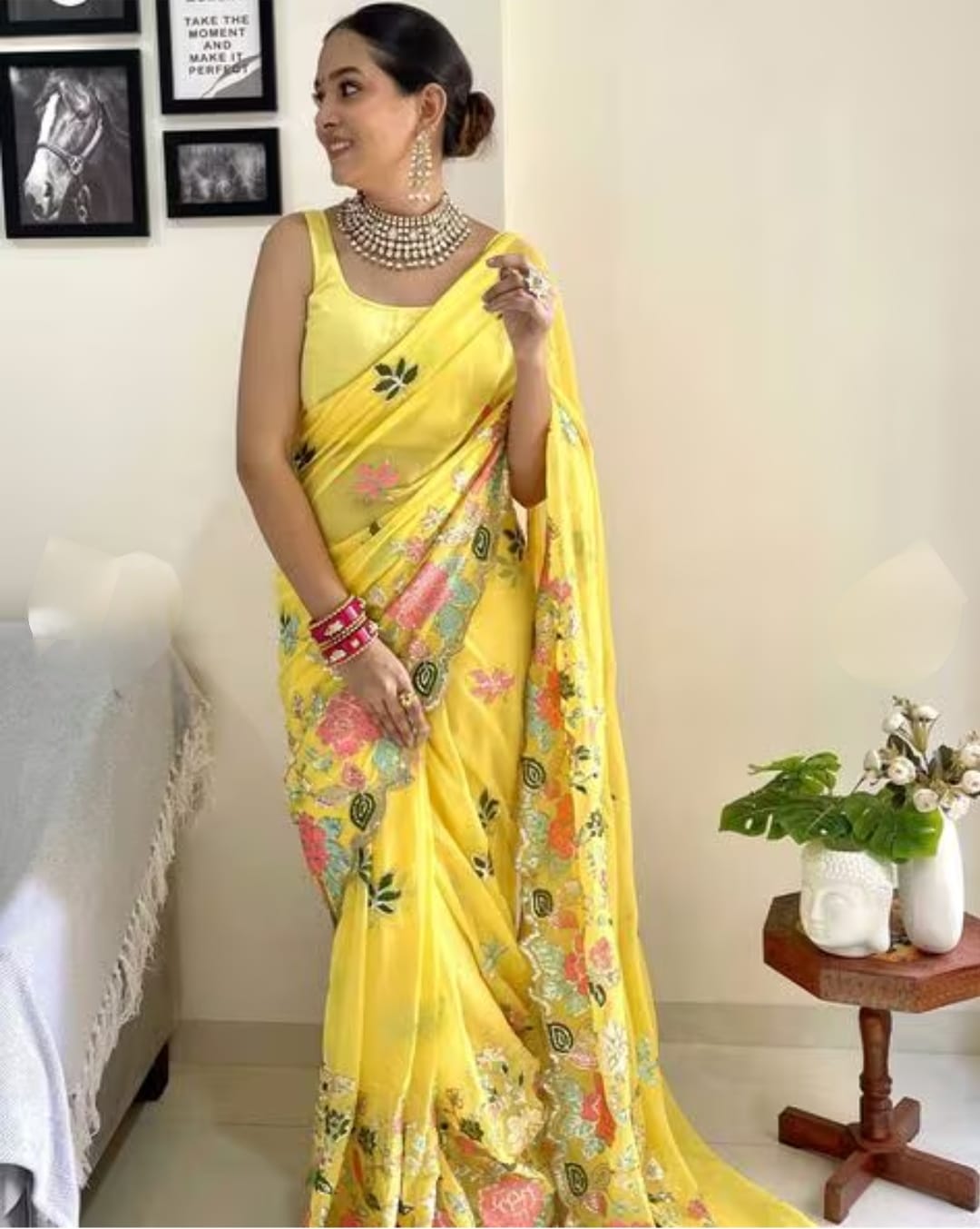 Vamika Embroidery Yellow Georgette Bollywood Saree - Distacart