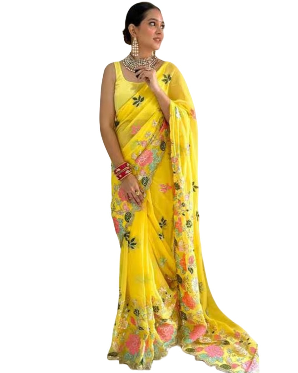 Vamika Embroidery Yellow Georgette Bollywood Saree - Distacart