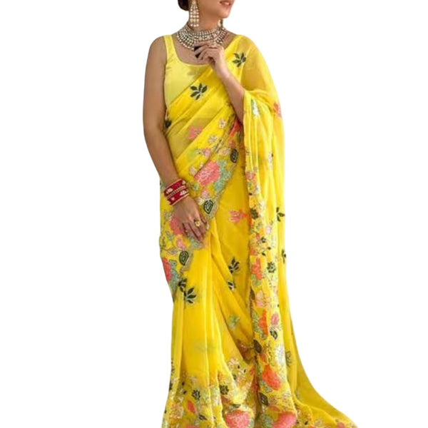 Vamika Embroidery Yellow Georgette Bollywood Saree - Distacart