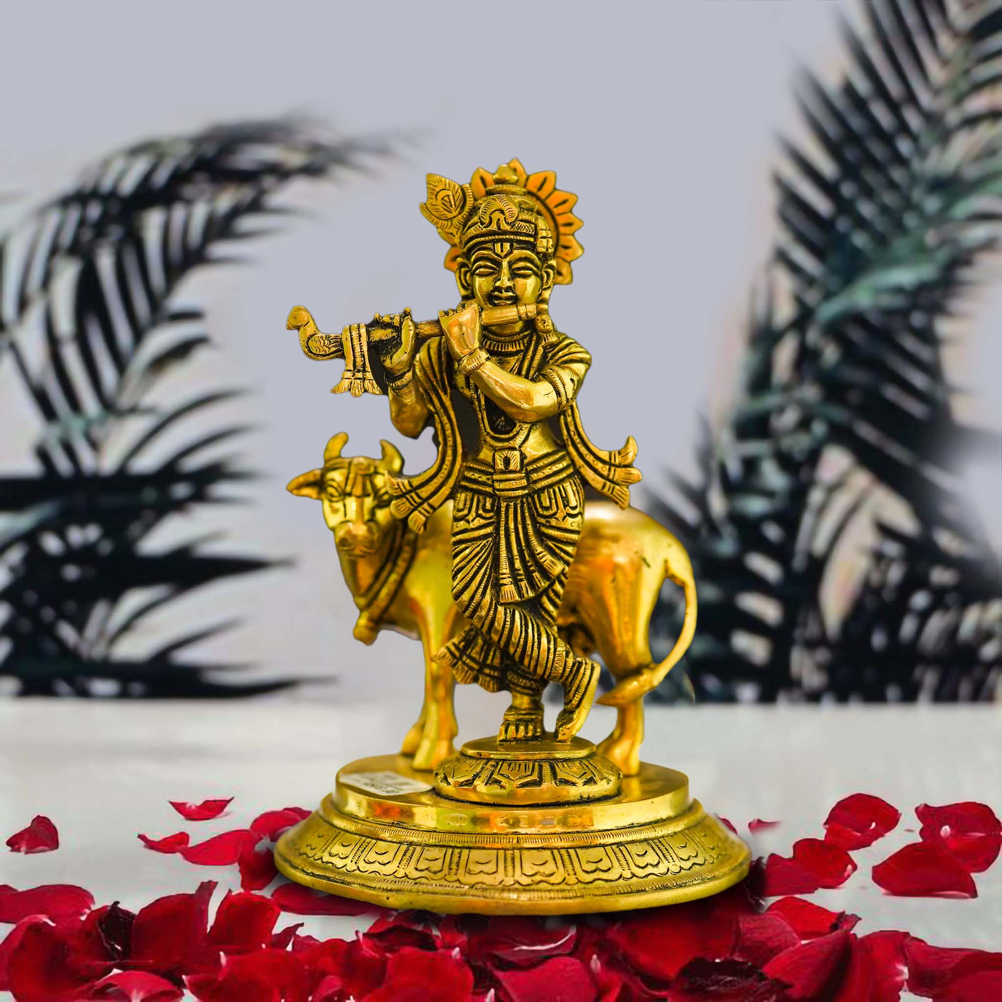 Gopala Krishna with Cow Brass Idol - Embrace Divine Abundance - Distacart