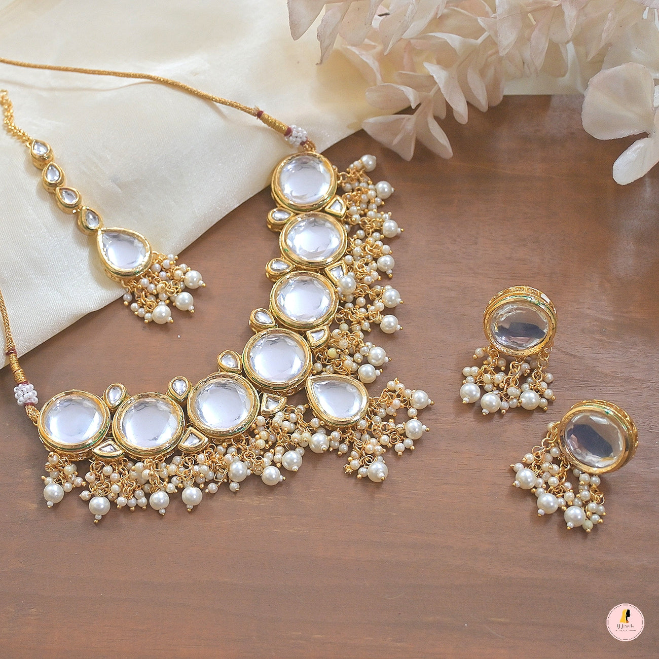 Jewel City Classic Gold-Plated Polki Choker Necklace with Pearl Clusters - Elegant Traditional Wedding Jewelry"