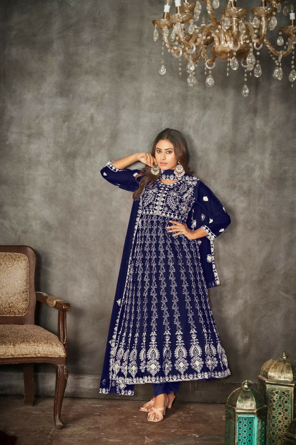 Jyoti Fashion Women's Blue Net Embroidered Anarkali Kurta Pant Set With Dupatta - Distacart