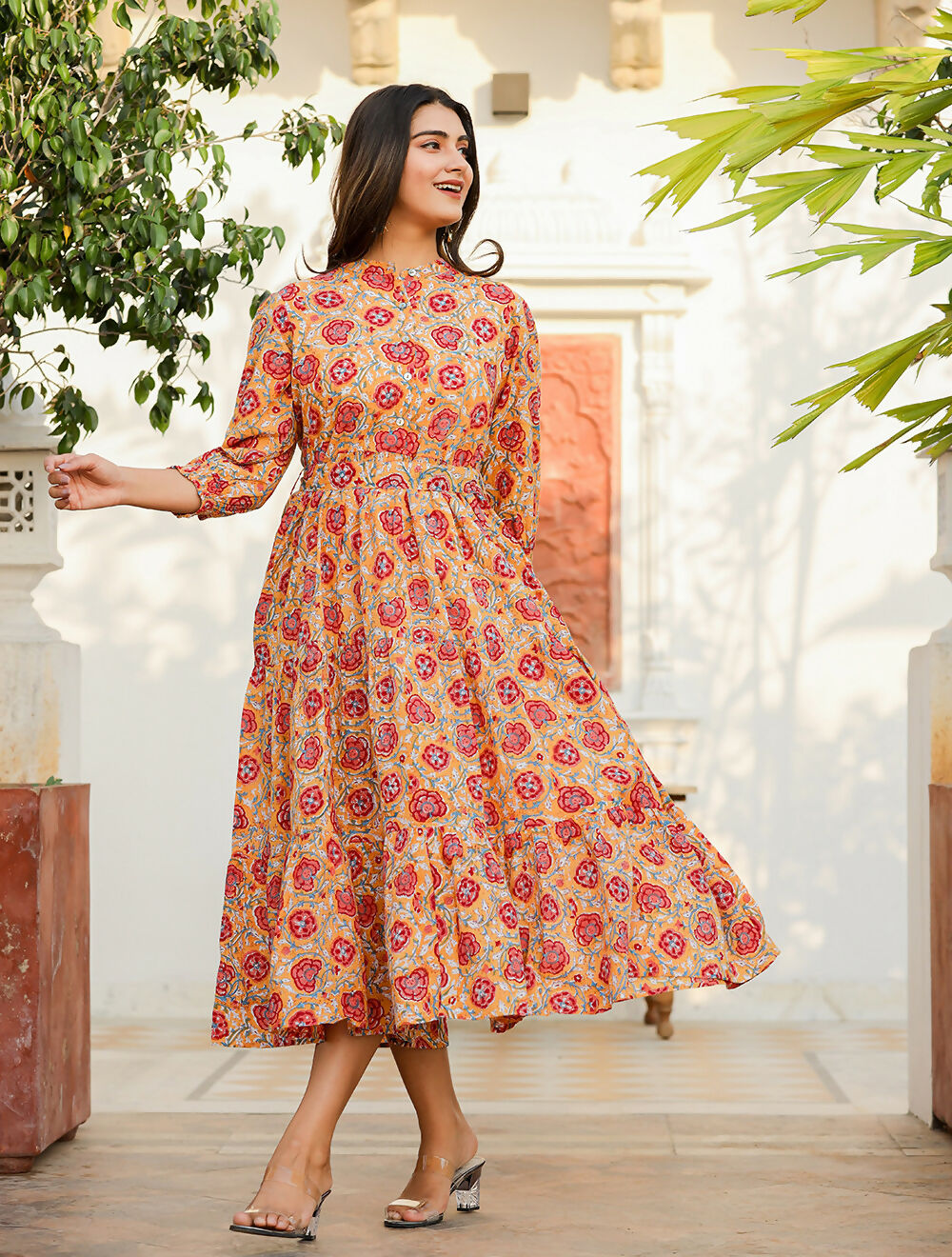 Kaajh Women's Yellow-Red Floral Hand Block Print Cotton Dress - Distacart