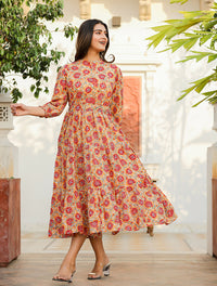 Thumbnail for Kaajh Women's Yellow-Red Floral Hand Block Print Cotton Dress - Distacart