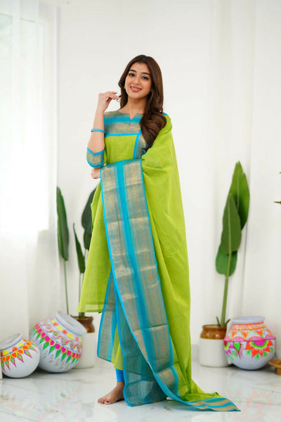 Divine Drape Women's Cotton Printed Straight Kurta With Dupatta - Light Green