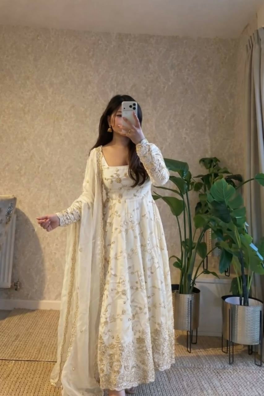 Teeya Creation White Color Faux Georgette Long Party Wear Gown - Distacart