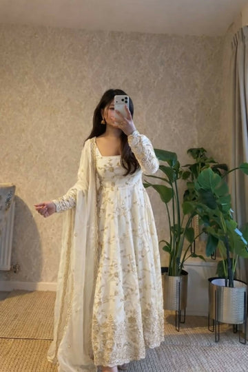 Teeya Creation White Color Faux Georgette Long Party Wear Gown - Distacart
