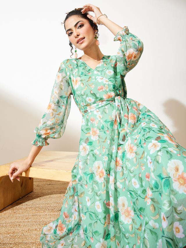 Janasya Mint Fit & Flare Chiffon Dress - Dista