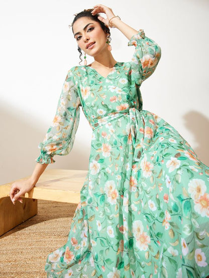 Janasya Mint Fit & Flare Chiffon Dress - Dista