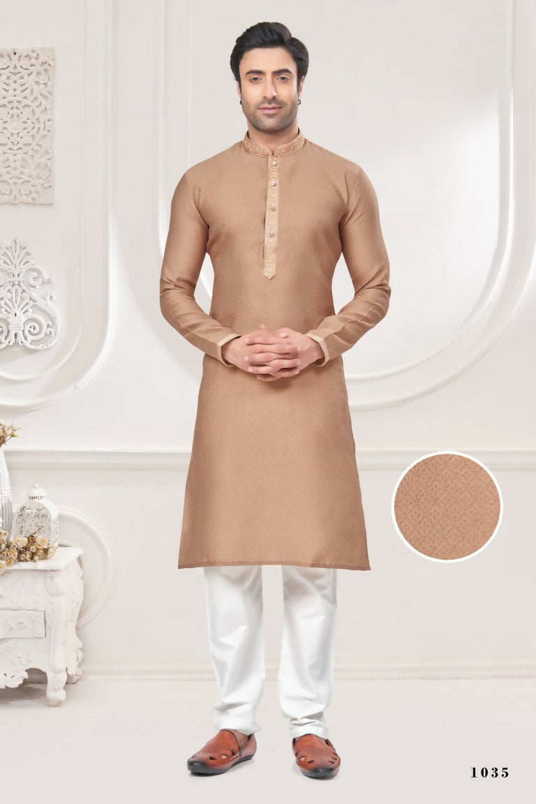 Functional Designer Men's Cream Jacquard Kurta With Pant - Rudra - Distacart