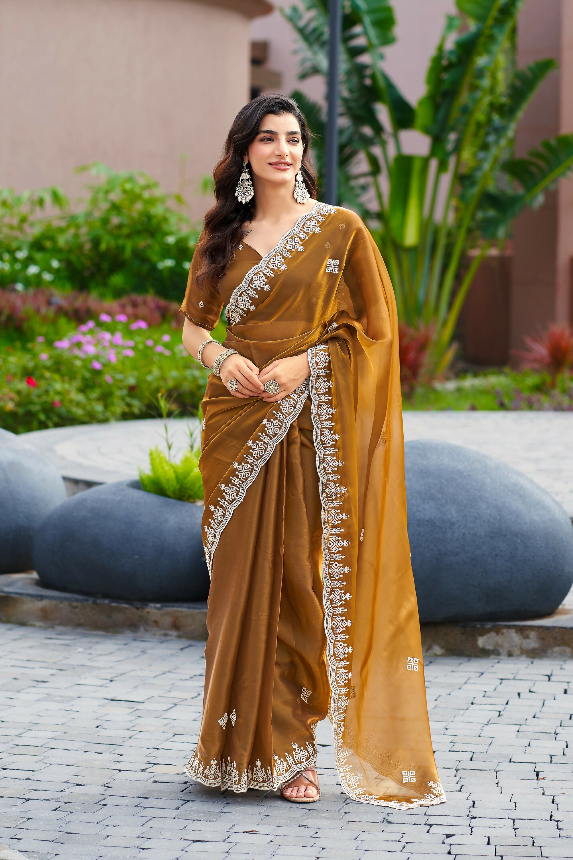 Vastranavya Brown Embroidery Work Shimmer Chiffon Saree with Unstitched Blouse - Distacart