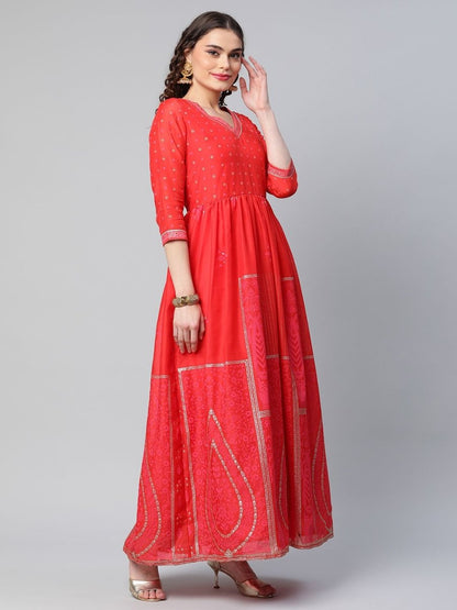 Ahalyaa Women Red Chanderi Khari Printed Dress - Distacart