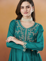 Thumbnail for The52 Rama Women's Beautiful Vichitra Silk Fabric Embroidered Work Flared Anarkali Pant and Dupatta Set - Distacart