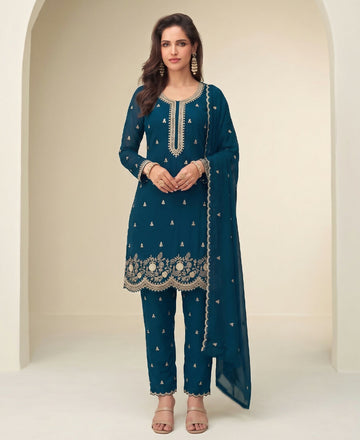 KC Bollywood Style Teal Blue Georgette Suit For Women - Dista