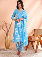 Thumbnail for Ode by House of Pataudi Printed Thread Work Pure Cotton Kurta With Trousers & Dupatta - Distacart