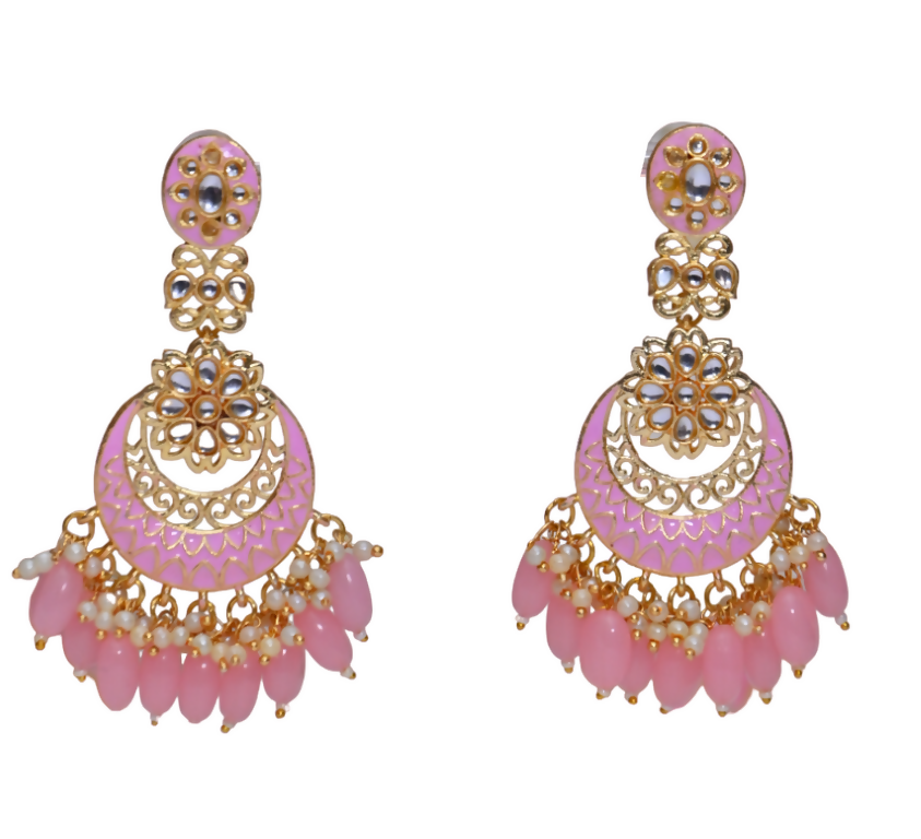 Pink Gold-Polished Beautifully Enamelled Stylish Kundan & Pearl Dangle Women Earrings|Meenakari Chandbali Traditional Ethnic Wear Earrings By House of Ree - Distacart