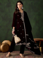 Thumbnail for Sangria Floral Embroidered Straight Kurta & Trousers With Dupatta - Distacart