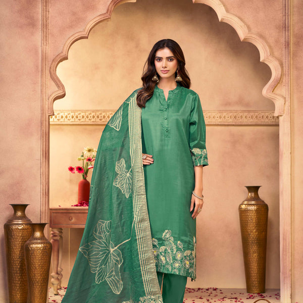 BulBul Kuhu Green Muslin Kurta Set With Dupatta