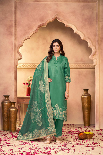 BulBul Kuhu Green Muslin Kurta Set With Dupatta