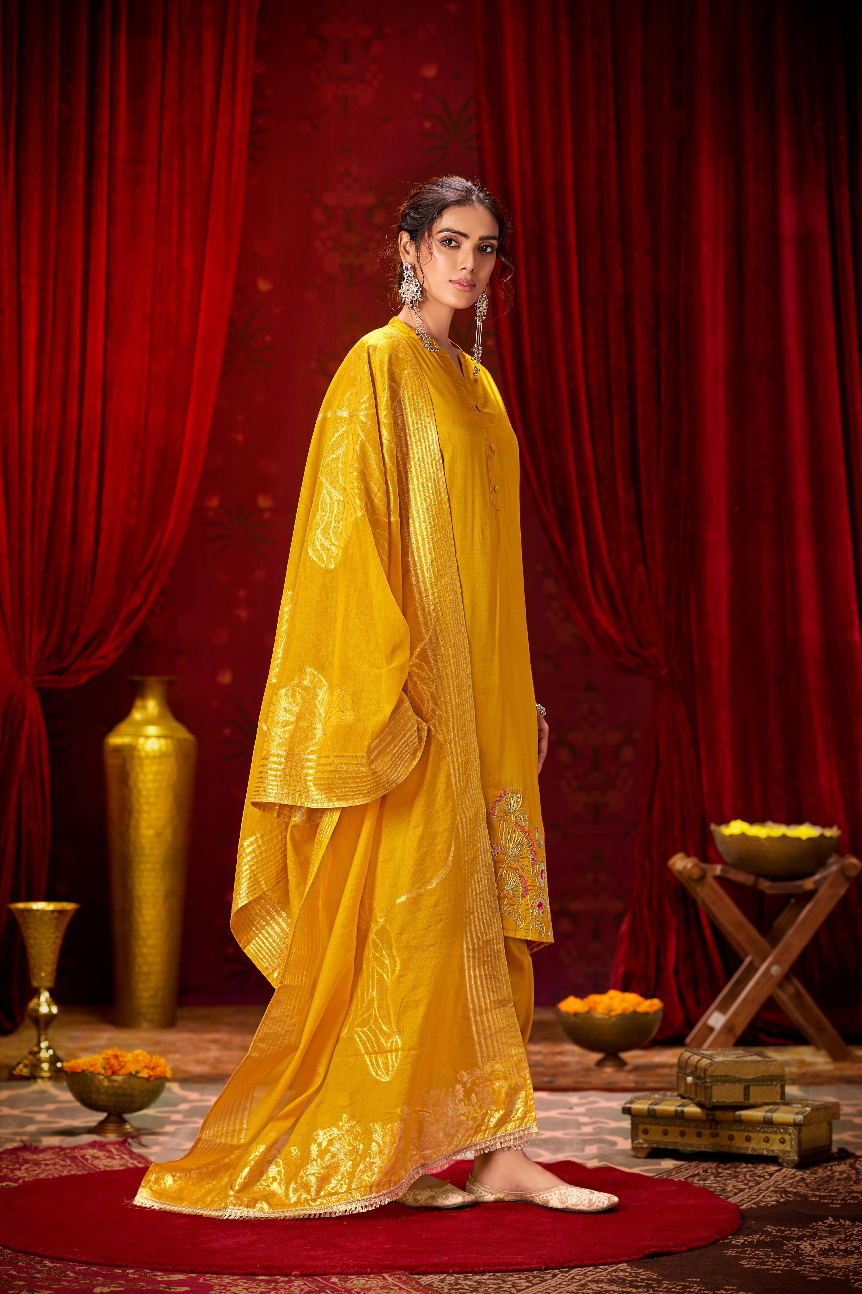 BulBul Kuhu Mustard Muslin Kurta Set With Dupatta