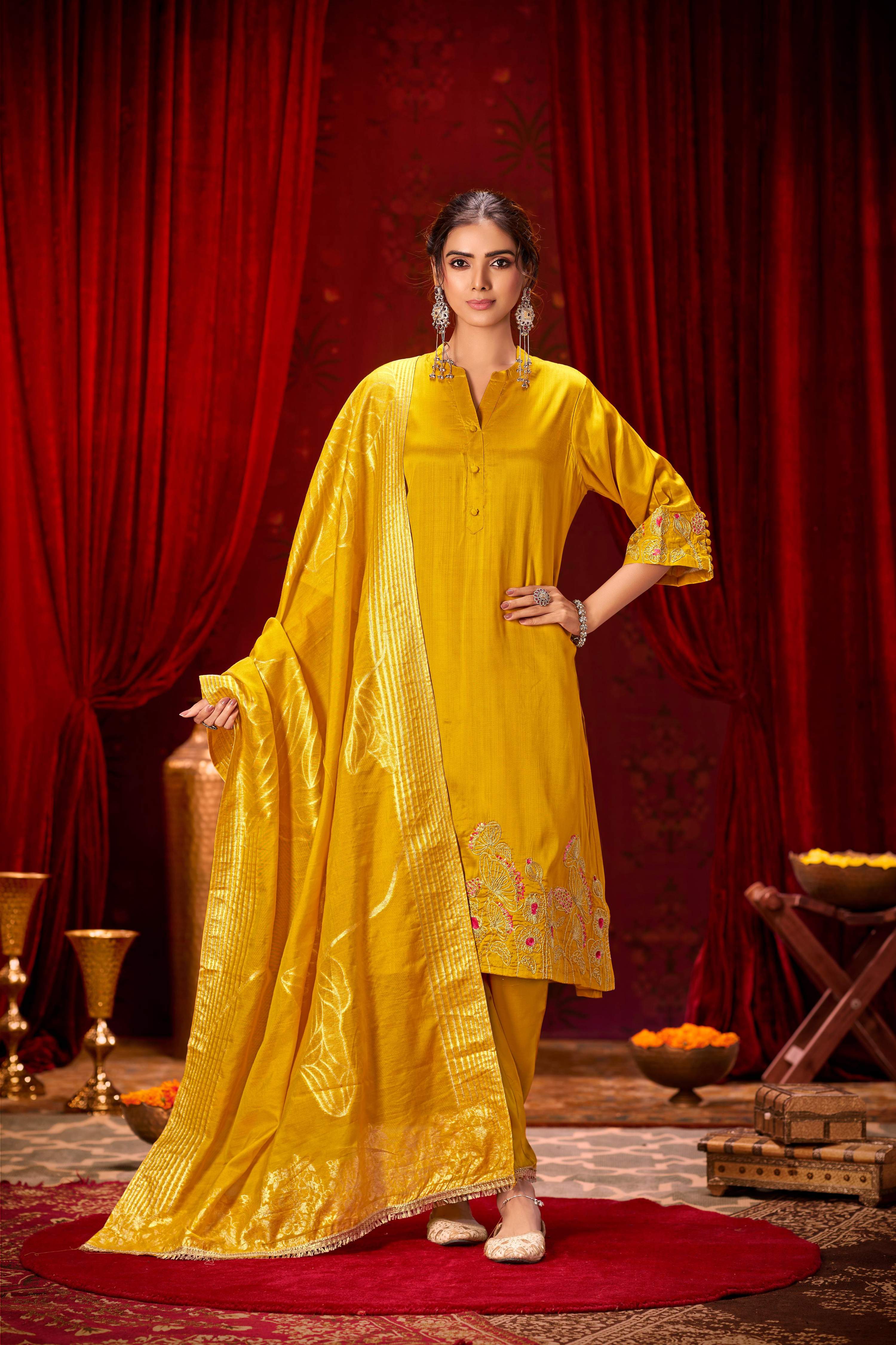 BulBul Kuhu Mustard Muslin Kurta Set With Dupatta