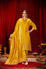 Thumbnail for BulBul Kuhu Mustard Muslin Kurta Set With Dupatta