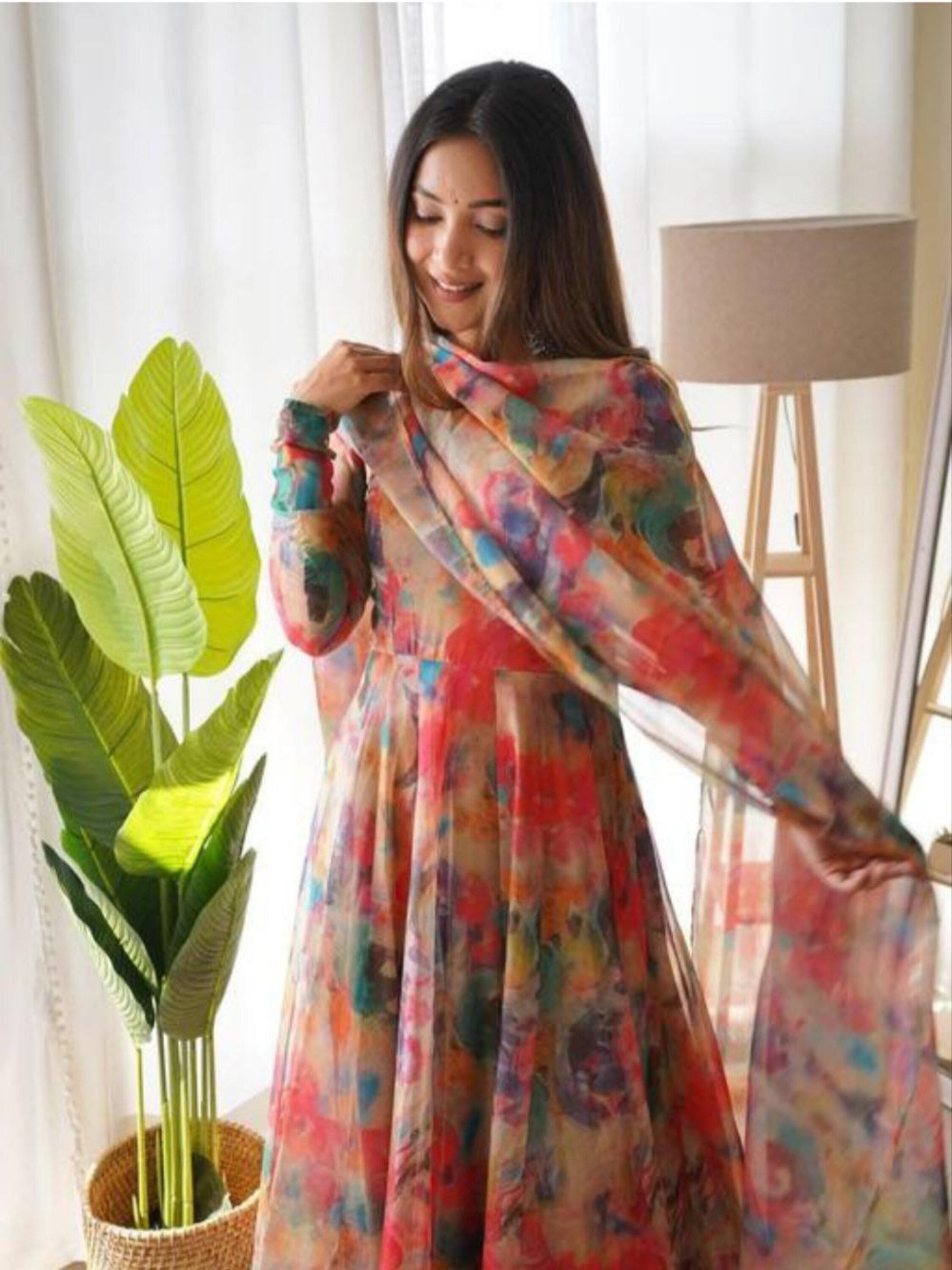 NOZ2TOZ Flared Floral Printed Georgette Anarkali With Printed Dupatta Set For Women - Red - Distacart