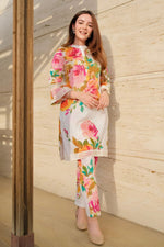 Thumbnail for NOZ2TOZ Floral Printed Knee Length Madrian Collar Neck Rayon Co-Ords Set For Women - White - Distacart