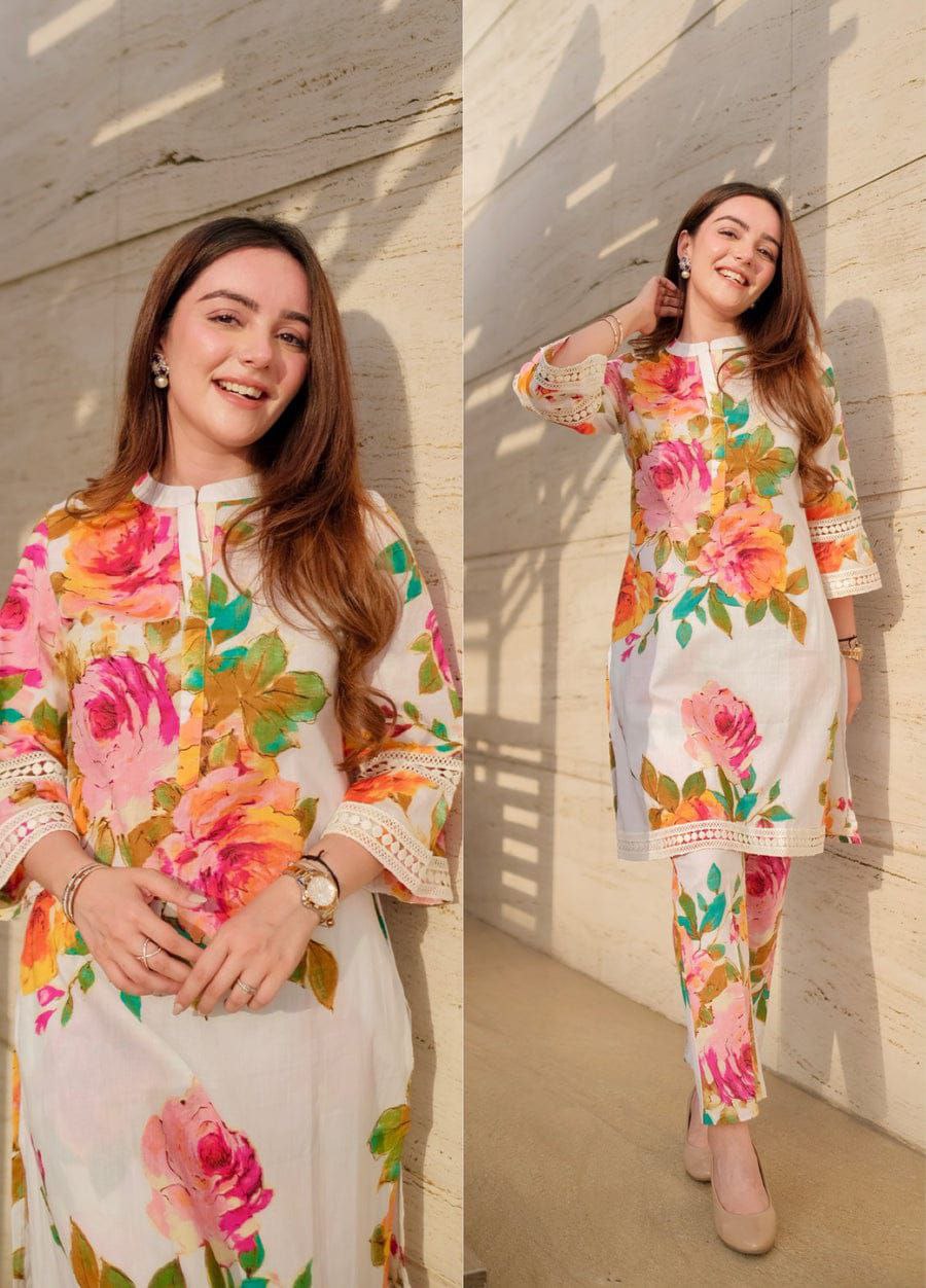 NOZ2TOZ Floral Printed Knee Length Madrian Collar Neck Rayon Co-Ords Set For Women - White - Distacart