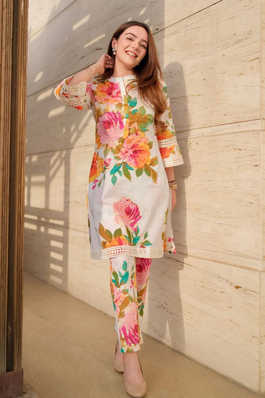 NOZ2TOZ Floral Printed Knee Length Madrian Collar Neck Rayon Co-Ords Set For Women - White - Distacart