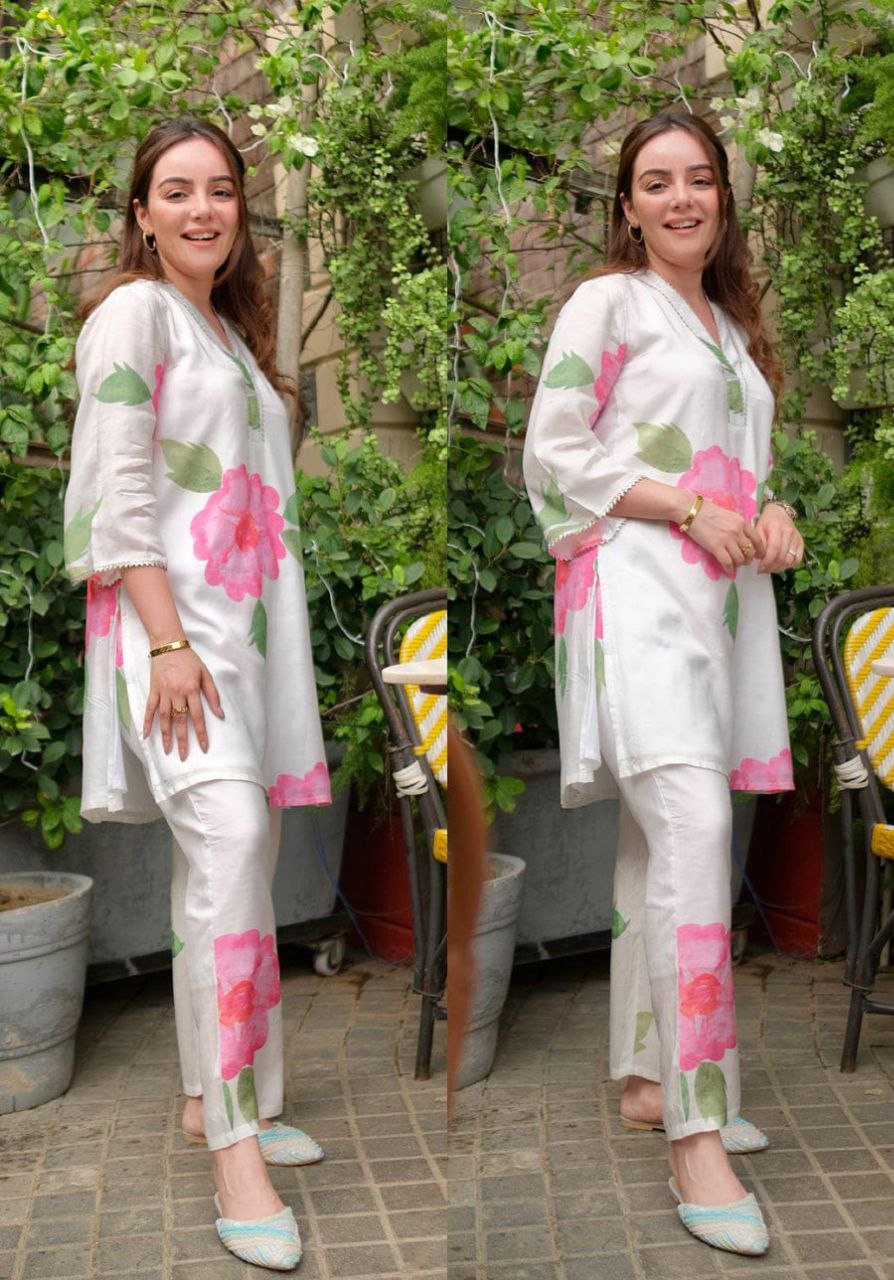 NOZ2TOZ Women V Neck Knee Length 3/4 Sleeves Rayon Floral Printed Co-Ords Set - White - Distacart