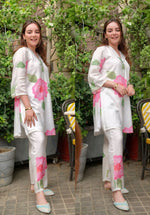 Thumbnail for NOZ2TOZ Women V Neck Knee Length 3/4 Sleeves Rayon Floral Printed Co-Ords Set - White - Distacart