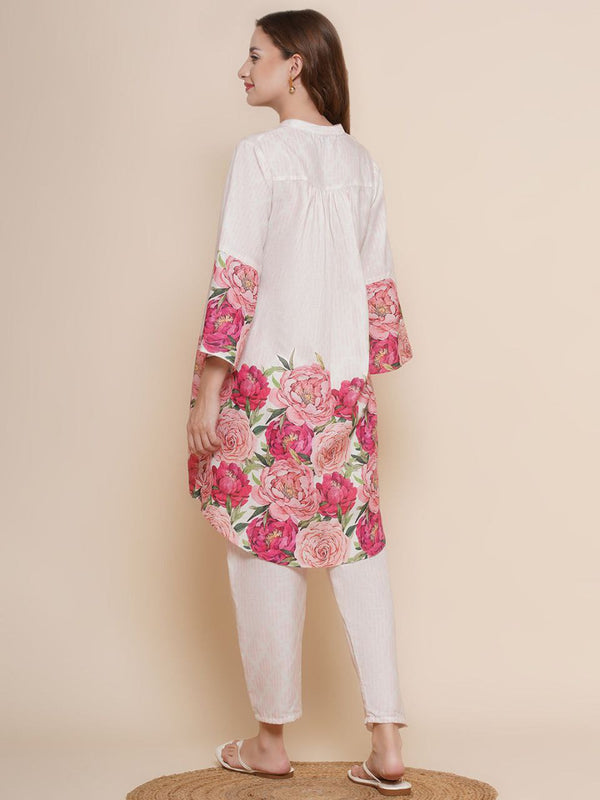 NOZ2TOZ Floral Printed Knee Length V Neck 3/4 Sleeves Co-Ords Set For Women - White - Distacart