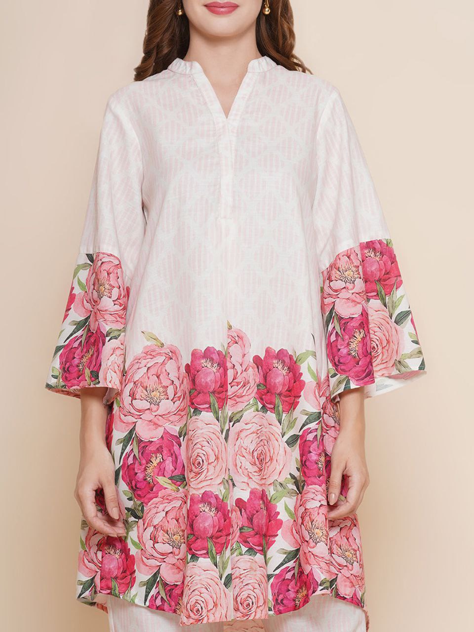 NOZ2TOZ Floral Printed Knee Length V Neck 3/4 Sleeves Co-Ords Set For Women - White - Distacart