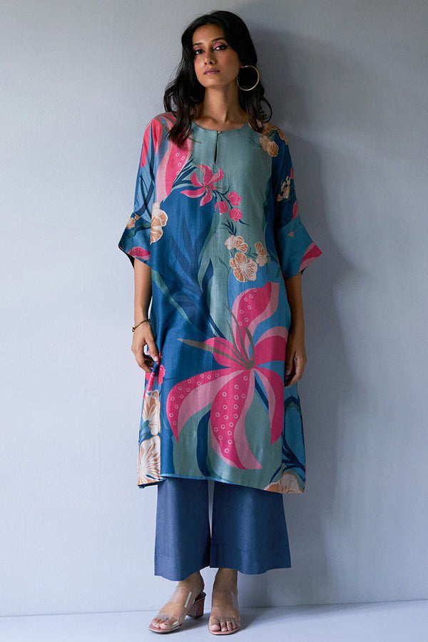 NOZ2TOZ Women's Floral Printed Knee Length Rayon Kurti And Palazzo Set - Blue - Distacart