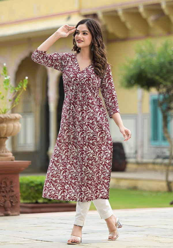 NOZ2TOZ Floral Printed Flared Knee Length Rayon Kurti For Women - Maroon - Distacart