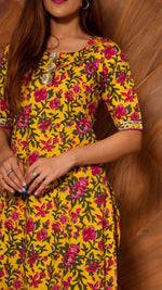 Thumbnail for NOZ2TOZ Women Floral Printed Knee Length Elbow Length Sleeves Round Neck Kurti And Palazzo Set With Net Dupatta - Mustard - Distacart