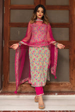 Thumbnail for NOZ2TOZ Women's Floral Printed Knee Length V Neck Sleeveless Kurti And Pant Set With Dupatta - Pink - Distacart