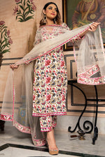 Thumbnail for NOZ2TOZ Women Floral Printed Knee Length V Neck 3/4 Sleeves Kurti And Pant Set With Net Dupatta - White - Distacart