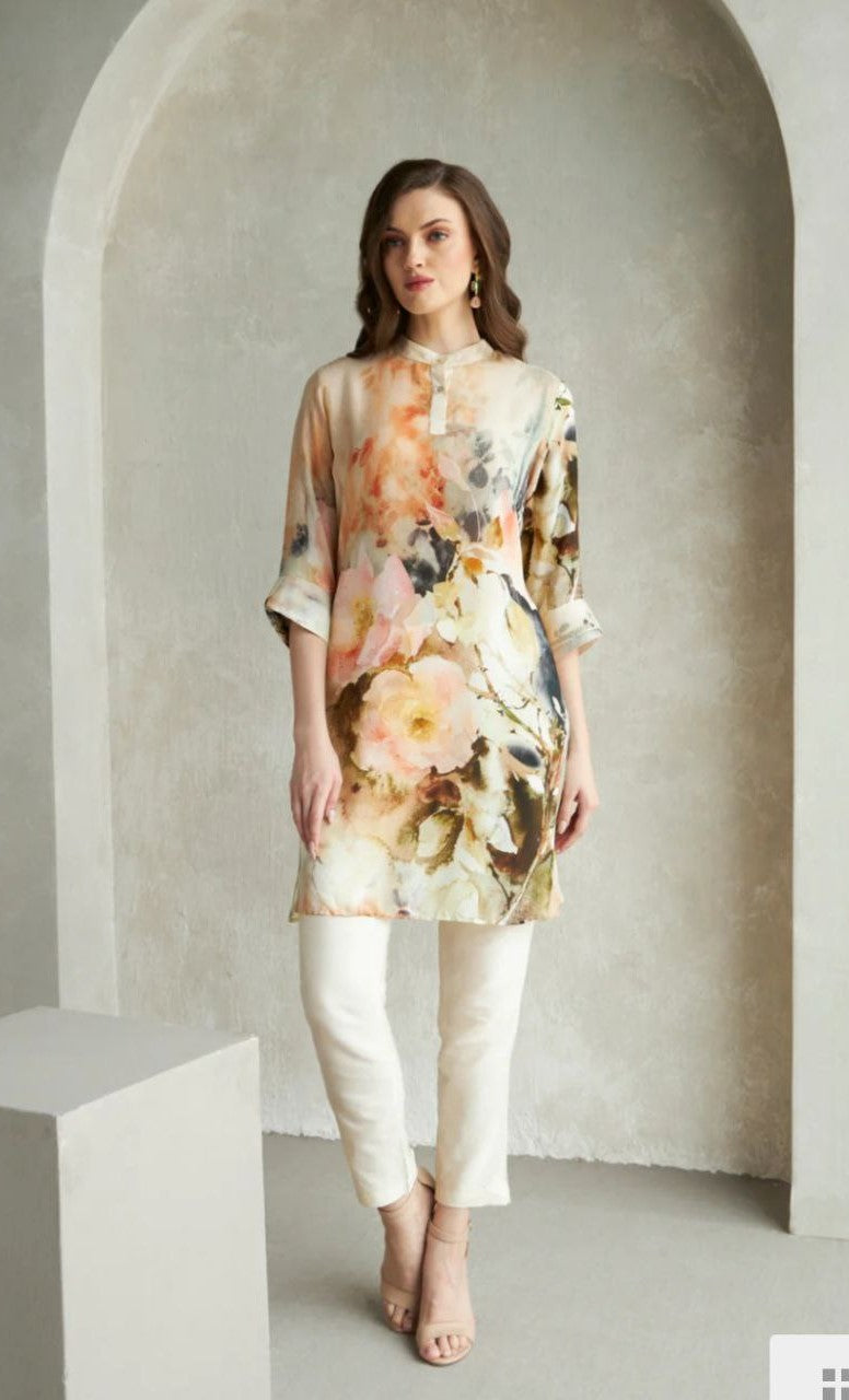 NOZ2TOZ Women's Mandrian Collar Neck 3/4 Sleeves Rayon Kurti For Women - Multicolor - Distacart