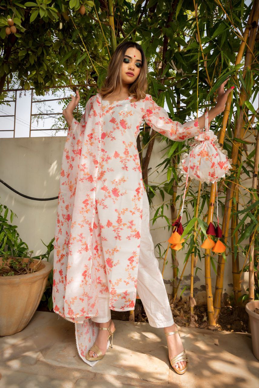 NOZ2TOZ Women Floral Printed Knee Length Round Neck Chanderi Cotton Kurti And Pant Set With Printed Dupatta - White - Distacart