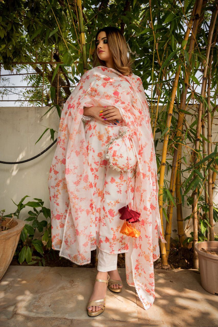 NOZ2TOZ Women Floral Printed Knee Length Round Neck Chanderi Cotton Kurti And Pant Set With Printed Dupatta - White - Distacart