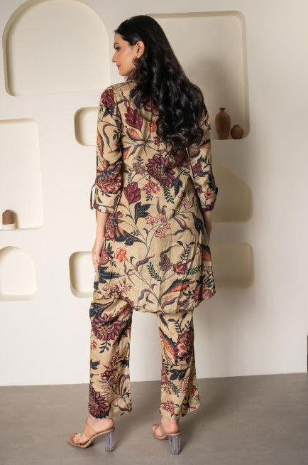 NOZ2TOZ Women Floral Printed Knee Length V Neck Rayon Co-Ords Set - Beige - Distacart